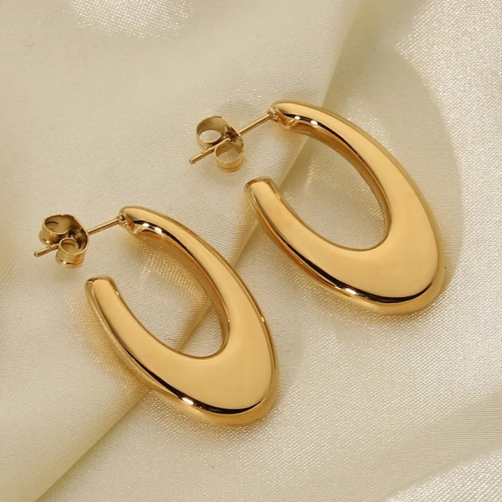 Modern earrings, oval design, stainless steel, gold